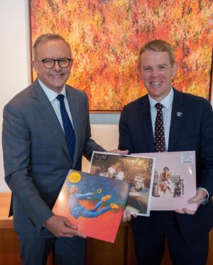Alex the Astronaut Instagram - Just Albo the Prime Minister giving the new New Zealand Prime Minister Gang of Youths, Thelma and my record. No big deal