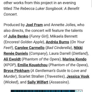 Ali Ewoldt Instagram - Honored to be part of this amazing roster (singing songs by @joelwaggoner and @dkabramson !!) honoring our beloved Rebecca Luker. Please join us this Monday @symphonyspace to raise money for @projectals. Link in bio ❤️ #als #broadway #rebeccaluker #newmusic
