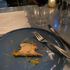 Alicia Goranson Instagram - For the Foodies: corn tortilla, black lentils, carrot purée, diced watermelon, sprouts = perfection.  O yeah—and a local Cabernet!