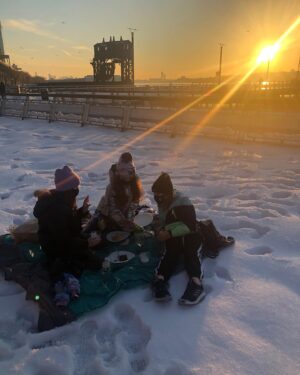 Alicia Minshew Instagram - Sunset picnic in the snow with Wills and her pals. These girls make life more fun. 🥰 Yes I gave them wine glasses. 😉 #uws #nyc #riversidepark #snowstorm2021 #pals