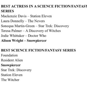 Alison Wright Instagram - Thank you @criticschoice for this Super Award nomination ! 
recognizing my work in @snowpiercertv for the 2nd year in a row is super duper indeed 🌟

Congratulations to all my fellow nominees , @daveeddiggs for his best actor nomination ! and big Congrats to everyone, the entire cast, crew and post magicians who work on #SnowPiercer ! also nominated for Best Science Fiction Fantasy Series !! 
🥶🥶🥶 

#superawards #criticschoicesuperawards #criticschoice #bestactress #scifi #fantasy