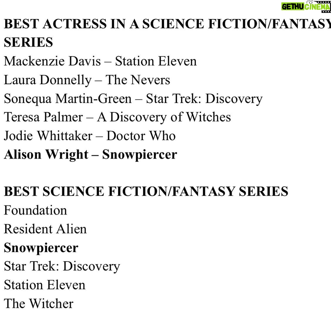 Alison Wright - 0.9K Likes - Thank you @criticschoice for this Super Award nomination !
recognizing my work in @snowpiercertv for the 2nd year in a row is super duper indeed š
Congratulations to all my fellow nominees , @daveeddiggs for his best actor nomination ! and big Congrats to everyone, the entire cast, crew and post magicians who work on #SnowPiercer ! also nominated for Best Science Fiction Fantasy Series !!
š„¶š„¶š„¶
#superawards #criticschoicesuperawards #criticschoice #bestactress #scifi #fantasy