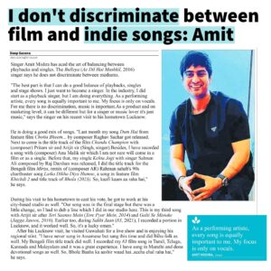 Amit Mishra Instagram - Filmi feels or Indie anthems? Doesn’t matter to me! Just dropped an interview in Hindustan Times where I chat about why great music transcends labels, be it Bollywood hits or underground gems. 

Head over, dive in, and let me know what YOU think about the magic of music across genres! 

(Thank you Mr.Deep Saxena sir @deeplylucknow and @hindustantimes for the article 🙂🙏🏻❤️)

#AmitMishra #SingerAmitMishra #AmitPrakashMishra #HindustanTimes #playbacksinger #amitmishralive #tuhaichampion #chanduchampion #pritamchakraborty #anumalik #arrahman #raghavsachar #chirantanbhatt #suneeldarshan #Rajssashu #sdburman #ravibasrur #ajaydevgan #karthikaryan #chhotabheem #jogi #louder #Tips #tseries #Music #vocalist #amitprakashmishra #grattitudeattitude #champion