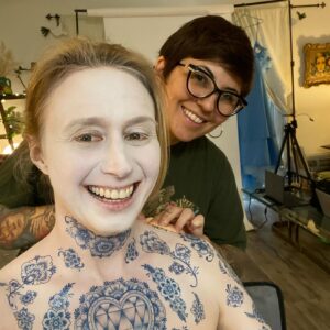 Amy Vorpahl Instagram - Unleashing on this project. Hair, makeup, tattoo application, photography skills, editing, and Ai generation for elements we ran through @procreate. 

Model @vorpahlsword 
Photo: me and Jared
Hair, makeup, tattoo application and  photo and video edits by me.
Tattoos manufacturer: @tattooednow
