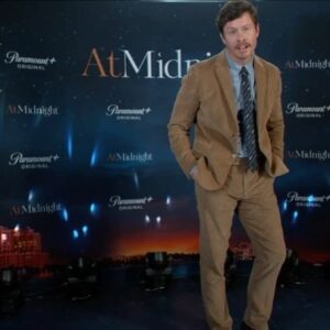 Anders Holm Instagram - Thank you Mexico City!!! At Midnight is now live on @paramountplus !!! 
1. Me taking this all very seriously
2. The wonderful cast and co
3. Me and my FAVE streaming service 😉
4. The greatest tie ever?? @thombrowne