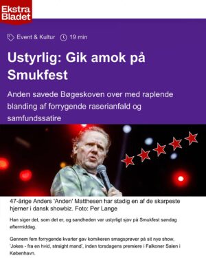 Anders Matthesen Instagram - Tak til det dejlige og veloplagte publikum på Smukfest ❤️⠀
⠀
Næste stop er 13 shows i Falkoner Salen på Frederiksberg - første show er nu på torsdag 🦆⠀
⠀
Der er meget få billetter tilbage i København - og der er kun sammenhængende pladser den 12. og 13. august. Billetter finder du på anden.dk. Link i bio. #andersmatthesen #smukfest #smuk22