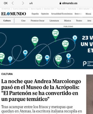 Andrea Marcolongo Instagram - Gracias infinitas a @el_pais @elmundo_es @el_cultural y a todas las lectoras y los lectores españoles por haber recibido con tanta generosidad y entusiasmo el cuento de mi noche en el museo de la Acrópolis de Ateneas. 🌕🏛️ 
Estoy muy agradecida, ilusionada y sobretodo expectante de vernos en España en junio 🇪🇸

“Desplazar la luna”, Taurus @debatelibros traducción en castellano Juan Rabasseda Gascón y Teófilo de Lozoya