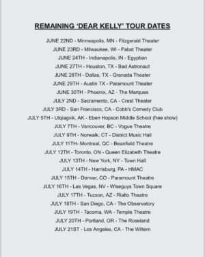 Andrew Callaghan Instagram - Despite innumerable setbacks, the Dear Kelly tour continues!! We’re about halfway thru rn and still have hella shows left (as you can see on paper), so if u wanna get a ticket I’ll leave the link up in my bio... 5️⃣🌎🫡🇺🇸🫶 … also I made the Utqiagvik show free due to the socioeconomic state of the world rn