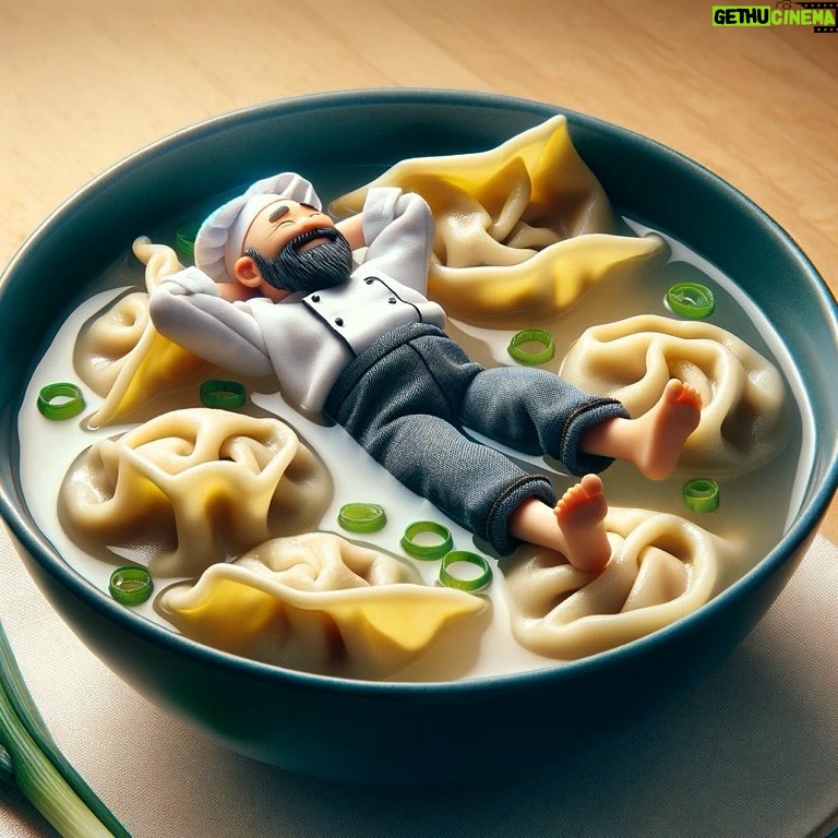 Andrew Rea - 36.8K Likes - I’m home sick, so naturally I asked ChatGPT to render a portrait of me swimming in wonton soup. Feeling better already.
