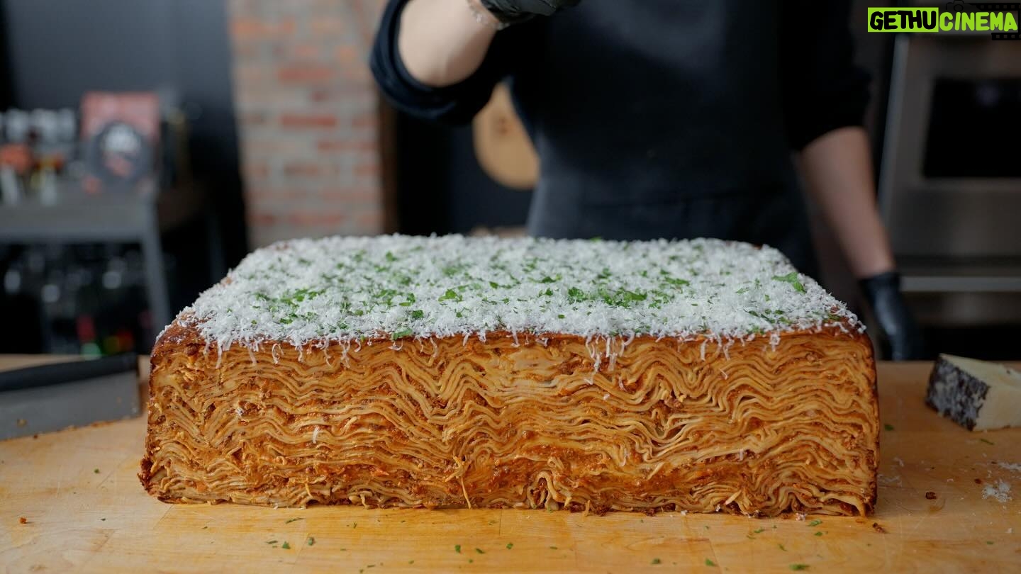 Andrew Rea - 27.3K Likes - Behold: the 100 layer lasagna. This was a MONSTER and @alvin.zhou stepped up to the task. To see how it was done, link is in the tree!