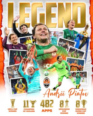 Andrii Piatov Instagram - 👏 Дякуємо, Легендо! 🧡
⠀
Капітан «Шахтаря» Андрій Пятов @piat30 завершив кар’єру футболіста та увійшов до тренерського штабу «гірників». 6 серпня в Лондоні голкіпер зіграє з «Тоттенгемом» свій прощальний матч.
⠀
Андрій Пятов провів у складі «Шахтаря» 482 матчі – це третій показник в історії клубу та найбільша кількість ігор серед воротарів.
⠀
Разом із командою він завоював 28 трофеїв – і це абсолютний рекорд клубу всіх часів!
⠀
16 років Андрій Пятов писав історію «Шахтаря», а разом з цим – усього українського футболу. За цей час він став найкращим воротарем країни, капітаном та легендою «гірників», найтитулованішим гравцем в історії команди, взірцем професіоналізму та безмежної відданості клубу.
⠀
Його пристрасть до футболу, сильний характер і готовність жертвувати всім заради команди, його сміливу та надійну гру, вражаючу стійкість у найважчих ситуаціях, його жагу до перемог завжди цінували й цінуватимуть уболівальники «Шахтаря».
⠀
Андрію, дякуємо тобі за ці неймовірні 16 років: за десятки трофеїв та сотні перемог, за тисячі незабутніх моментів на футбольному полі, за безмежну кількість яскравих емоцій, за справжню любов та повагу до «Шахтаря»! Це була красива історія, Капітане!
⠀
Браво, Андрію! Браво, Легендо!
⠀
#Шахтар #Shakhtar #FCShakhtar #FCSD #Україна #Ukraine #football #футбол #Донецьк #Donetsk #Kharkiv #Харків #Київ #Kyiv #УПЛ #UPL #ПремьерЛига #PremierLeague #UCL #UEL #історія #history #FootballStandsTogether #StandWithUkraine #Пятов #Piatov #команда #team #легенда #legend