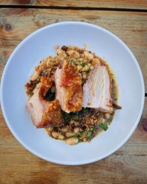 Aneurin Barnard Instagram - Depth of so many delicious flavours of Roasted Middle White Pork plated beautiful by @starslyingdown and co at the @racquetyfarm this week