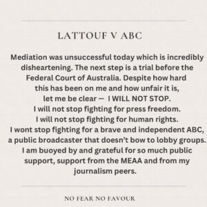 Antoinette Lattouf Instagram - Mediation was unsuccessful today which is incredibly disheartening. The next step is a trial before the Federal Court of Australia. Despite how hard  this has been on me and how unfair it is, let me be clear —  I WILL NOT STOP. 

I will not stop fighting for press freedom.
I will not stop fighting for human rights.
I will not stop fighting for a brave and independent ABC, a public broadcaster that doesn’t bow to lobby groups.

I am buoyed by and grateful for so much public support, support from the MEAA and from my journalism peers. 

Thank you also to my lawyers @mauriceblackburnlawyers and @thepassionatelawyer.

If you’re willing and able to contribute to my legal fees there’s a GoFundMe link in my bio. 
#nofearnofavour