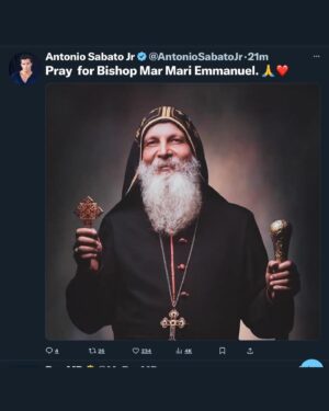 Antonio Sabàto, Jr. Instagram - “Father God, in the powerful name of Jesus, I lift up Bishop Mar Mari Emmanuel to you. I pray for their complete recovery and restoration of health. May your healing power flow through their body, bringing strength and wholeness. I rebuke any sickness or pain in Jesus’ name and declare divine healing over Bishop Mar Mari Emmanuel. Lord, let your peace and comfort fill them during this time. We trust in your mighty power to restore Bishop Mar Mari Emmanuel to full health. Amen. #PrayersForHealing #InJesusName #DivineRestoration”