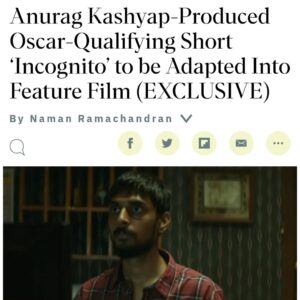 Anurag Kashyap Instagram - Super stoked to share this great news! 

Incognito has now onboarded superstar executive producers - 
Anurag Kashyap | Nicky Weinstock | Divya D'Souza | Ranjan Singh

Here's extending a warm welcome to all of you. 

But that's not all - We will also be working together to adapt Incognito into a feature film, set in the US! Couldn't have asked for a better producing partner team.

This truly feels like a dream come true! Wish us luck in our adventure! 

Onwards and upwards!

@campfirestudiosindia @nweinstock1 @anuragkashyap10 @ohdivyanewtonjohn @cinemakasam @ohflipfilms 

@shortstvindia @shortstv @variety @theacademy 

@suchirbatra @anushreerauta 

@natakwaala @i_u_cinema @chauhandevofficial 
@azimmoollan @jyotitulsyan13 @shravan.ravikantpatil
@saxenakonark @_matthew_job @dinesh_yuvi @smita.kumar @krishkhatriofficial #abhijeetchabbra @castingbay

#FYC #ForYourConsideration #BestLiveActionShort #96thAcademyAwards