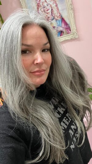 April Schutte Instagram - I’ve worn these extensions for about 7 hours during work, sweating and living and look at how good they still look!!!
.
.
.
#greyhairextensions #silversisters #silversister #greyhairdontcare #greyhaircolor #hairstylistlife #hairmodel