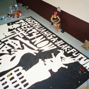 Aretha Brown Instagram - AUSTRALIA HAS A BLACK FUTURE - TREATY NOW 

NEW WORK FOR @amylandthesniffers - HANDMADE IN TORONTO, CANADA JULY 2023 

FULL ARTIST STATEMENT IN MY BIO - GIVE IT A READ - ITS A FREE PDF ! By me & @caltexcowgirll :—)) 

_______________________________________________________________________________________

Had the honour of painting the new Sniffers banner in Canada for their upcoming tour. 

Has been so much fun working/traveling alongside such a deadly group of Aussie artists. 

Thanks to everyone for getting this project off the ground. 

Photos by - @caltexcowgirll   @tyler.internet 

Space - @anex_works