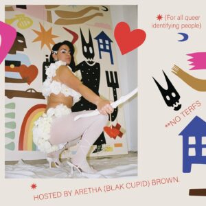 Aretha Brown Instagram - ok (me Blak cupid) is setting everyone up lmfaooo 🏳️‍🌈🌈🫵🏽🏹❤️

**KISS MY ART - is doing a speed-dating fundraiser!! 

Get off hinge and stop checking co-star - I’ll sort you out.

All funds go to the deadly @giingana_freedom_school ! 

Also (the painting pictured is for sale tehe).