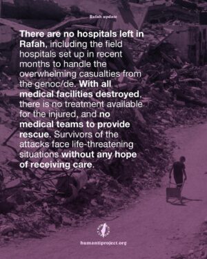 Armeena Khan Instagram - 🚨RESCUE TEAMS ARE UNABLE TO SAVE PEOPLE IN RAFAH - SITUATION UPDATE   EMAIL TEMPLATE🚨

Rafah is currently under a relentless assault by occupation forces through coordinated land, air, and sea attacks. The bombardment has resulted in the demolition of dozens of houses, leaving many families homeless and causing significant destruction to the city’s infrastructure. Additionally, Israeli warships have been firing at Palestinians along the coastline, exacerbating the already dire situation for displaced people. The continuous shelling and airstrikes have created an atmosphere of constant fear and uncertainty, making it extremely difficult for civilians to find safety and medical assistance amidst the chaos.

There are no hospitals left in Rafah, including the field hospitals set up in recent months to handle the overwhelming casualties from the genocide. With all medical facilities destroyed, there is no treatment available for the injured, and no medical teams to provide rescue. Survivors of the attacks face life-threatening situations without any hope of receiving care.

👉 Email your elected official now! Use the free template in @humantiproject’s bio or visit HumantiProject.org 👈

Information deck based on a report by @hindkhoudary