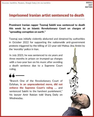 Artemis Pebdani Instagram - Repost @middleeastmatters Prominent Iranian rapper Toomaj Salehi has been sentenced to death by an Islamic Revolutionary Court on charges of “spreading corruption on earth.”

Toomaj was initially violently abducted and detained by authorities in October 2022 for supporting the nationwide anti-government protests triggered by the killing of 22-year-old Mahsa Jina Amini by the morality police in Iran. 

He is known for using his lyrics to openly and courageously criticize the regime in Iran on issues such as corruption, widespread poverty, state executions, women’s rights, and the killing of protesters.

Swipe to read more about his case and take action. 

🚨 WHAT CAN YOU DO: 

1. Sign the 2 petitions in our bio. 
2. Send an automated tweet to officials. 
3. Use our email template to send emails to officials. 

🔗 All links in our bio. 

#ToomajSalehi #FreeToomaj #توماج_صالحی