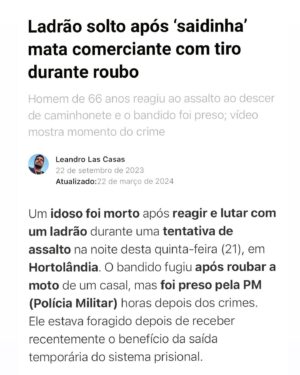 Arthur Morisson Instagram - Nossa, @cesartralli , que emocionante esse relato! 

Só faltou a musiquinha triste do Chaves para eu me debulhar em lágrimas!

Quem diria que as saidinhas são apenas para que criminosos visitem suas mamães, né?

Que bom que nosso presidente se preocupa “com a família” dos presos.

Agora, quem se preocupa com as famílias de pessoas honestas, vítimas dos criminosos que são liberados nas ruas?

Quem se preocupa com a mãe daquele policial que levou uma bala na cabeça de um detento beneficiado?

Como fica o psicológico dessa menina menor ao ser violentada por um animal que deveria estar preso cumprindo pena?

Qual a mãe que vai receber visita de natal do filho morto por um vagabundo solto pela justiça?

Desde quando presídio virou colônia de férias?

Isso já deixou de ser jornalismo há muito tempo. Vocês são uma vergonha para quem trabalha honestamente neste país.

Se alguém ainda tem dúvidas de como é imprescindível acabarmos com as saidinhas temporárias, algo que só existe nessa pocilga chamada Brasil, assistam ao podcast Conversa Paralela que gravei com o secretário de segurança pública de SP e relator do projeto, @guilhermederrite , para que não restem mais dúvidas do que está em jogo.

Quanto mais pessoas se indignarem contra esse absurdo, mais barulho faremos. Compartilhe!