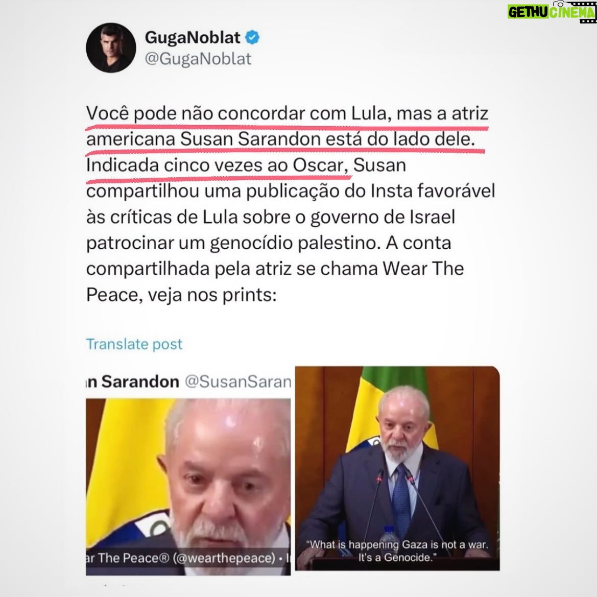 Arthur Morisson - 12.8K Likes - Pessoal, vocês podem até não concordar com a fala criminosa, absurda, grotesca e infeliz de Lula, mas hey! SUSAN SARANDON estÔ do lado dele!
Puta que pariu, por essa ninguƩm estava esperando!
O quê?? Como assim você não sabe quem é SUSAN SARANDON??? Em que planeta você vive?
HELLOOO, ela foi indicada 5 FUCKING VEZES ao Oscar! à só o maior prêmio da academia de cinema mundial, baby!
Olha, se eu fosse você, começaria a rever todos os seus conceitos sobre essa declaração AGORA MESMO, afinal, como alguém ousaria contrariar e discutir contra alguém que foi indicada 5 vezes ao Oscar?
Caso encerrado.