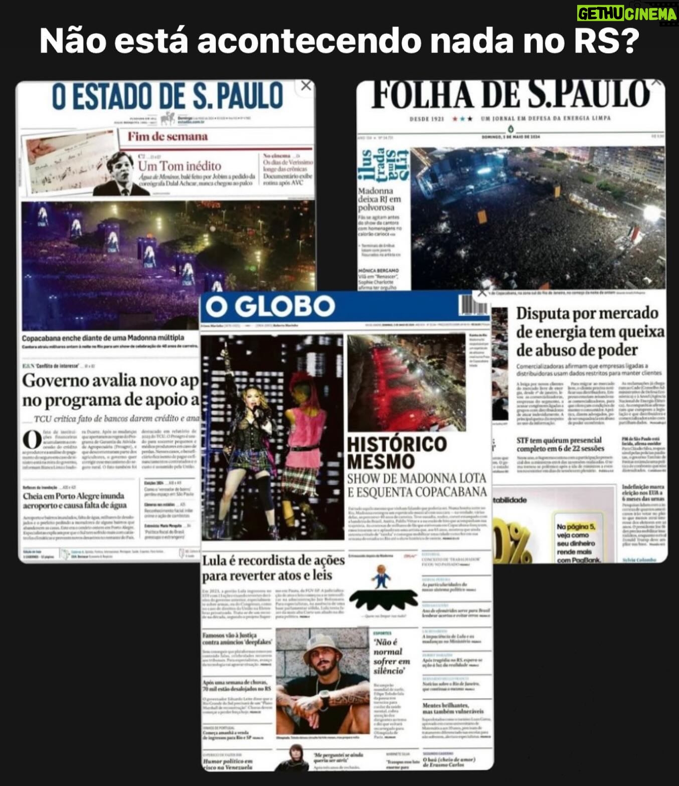 Arthur Morisson - 8.8K Likes - Essas sĆ£o as capas dos principais jornais do paĆs no dia de ontem, domingo, 05/05/24.
Eu não sei vocês, mas me parece que a maior catÔstrofe da história do Rio Grande do Sul não foi noticiada
Mas olha que maravilha, tivemos show histórico da Madonna!
Esse povo gaúcho deve estar fazendo um estardalhaço a troco de nada, né @jornaloglobo @folhadespaulo @estadao
As dezenas de vĆdeos de pessoas boiando arrastadas pela correnteza e casas completamente submersas certamente foram produzidas por I.A.
Ainda bem que vivemos em uma era onde a notĆcia impressa nĆ£o tem mais tanta relevĆ¢ncia, porque se ainda dependessemos disso, estarĆamos ferrados.
QUE VERGONHA!
