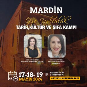 Ayşe Burcu Eren Instagram - 📌17-18-19 Mayıs'ta Masal Şehri Mardin' deyiz. 

📌2 gece 3 gün sürecek "Öze Yolculuk" Kampımızda;
Hep birlikte Mardin'in tarihini ve kültürünü öğrenip gezerken, lezzetli yemeklerini de tatmaya ne dersiniz?

📌Mardin'in mistik ve gizemli bölgelerinin muhteşem enerjisinde;  grupça yapacağımız ritüeller ile birlik bilincini deneyimleyecek ve özümüze yolculuğa çıkacağız. 

📌Bu içsel yolculukta ayrıca, doğum tarihinize göre hangi Ay fazında doğduğunuzu ve yaşamınıza etkilerini de öğreneceksiniz. 

Dolu dolu bir program hazırladık sizin için👇

1.gün 

🎈Havalimanından alınış

🎈Dara antik kenti ( gözleme ayran tadımı - isteğe bağlı)

🎈Beyazsu'ya giderken Suriye sınırı ve mayınlı arazi seyri

🎈Beyazsu öğlen yemeği

🎈Dayrulzafaran Manastırı ziyareti
Kalbin Mührü Ritüeli - Sevgi Şifa Çemberi 

🎈Gün batımında  Kasimiye Medresesi

Otele bırakılış 

2. Gün 

🎈Savur Kıllıt Köyü (Süryani köyü 1630 yıllık)

🎈Ayrancı Geçidinde ayran molası

🎈Midyat öğlen yemeği (Yöresel bir restoranda)

🎈Morgabriel Manastırı
🔥Kısmet ve Şansa Açılan Aşk Ritüeli Grup Çalışması

🎈Midyat Devlet Konuk Evi

🎈Midyat Gümüşçüler Çarşısı

🎈Otele dönüş 

3.Gün 

 🎈Kırklar Kilisesi
🔥Giz Kapılarını Aralama Ritüeli- Grup Çalışması

🎈Yaşayan Müze ( Kurşun Dökme Ritüeli )

🎈Sanat Sokağı 
🎈Mardin Müzesi 
🎈Tarihi Kız Meslek Lisesi
🎈Zinciriye Medresesi
🎈Ulu Cami 
🎈Latifiye Cami
🎈Sehidiye Cami
🎈Postane binası 
🎈Havalimanına bırakılış 

 📌Artuklu Kervansaray Otelde 2 gece konaklama 

📌Zeal Gezi Turizm ve Profesyonel Tur Rehberi eşliğinde Mardin'i hep birlikte keşfedeceğiz. 

📌Ücrete dahil olanlar: Konaklama, kahvaltı ve akşam yemeği, Sıra Gecesi, Mardin içi rehberli seyahat, ve tüm Grup Ritüel Çalışmaları

📌Ücrete dahil olmayanlar: Uçak bileti ve kişisel harcamalar, müze giriş ücretleri

#mardin #mardingezi #mardingezilecekyerler #gezi #turkey #mardinmidyat
