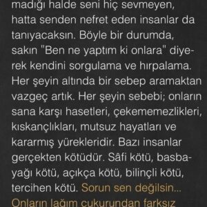 Ayşenur Yazıcı Instagram - Kendilerine , hiç bir kötülüğün dokunmadığı halde, seni HİÇ sevmeyen, hatta senden nefret eden insanlar da tanıyacaksın. Böyle bir durumda sakın " ben ne yaptım onlara" diyerek kendini sorgulama ve hırpalama. Her şeyin altında bir sebep aramaktan vazgeç artık. Her şeyin sebebi; onların sana karşı hasetleri, çekememezlikleri, kıskançlıkları mutsuz hayatları ve kararmış yürekleridir. Bazı insanlar gerçekten kötüdür. Safi kötü, basbayağı kötü, açıkça kötü, bilinçli kötü tercihen kötü. Sorun sen değilsin... Onların lağım çukurundan farksız olan kalpleri.