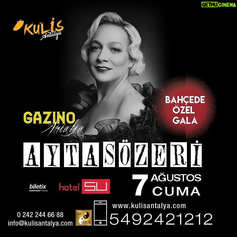 Ayta Sözeri - 352 Likes - Beklenen An Geldi..!! Ayta SÖZERİ Antalya' da hayranlarıyla buluşuyor.. ✅Ayta Sözeri Gazinosu 'Özel Gala'
✅7 Ağustos Cuma 20:00 ✅Hotel Su ✅Biletler 'Biletix' de... *Limitsiz Alkol ve Gala yemeği eşliğinde
Rzv📞 05492421212
@aytasozeri @kulisantalya
#yılıneniyitürksanatmüziğikadınsanatçısı #büklümbüklüm #istanbul #antalya #konyaaltı #muratpaşa #antalyaetkinlik #antalyakonserleri #antalyaduyuru