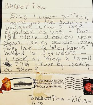 Barrett Foa Instagram - Found this gem in a pile of old fan mail from 2014.  Apparently, Ms. (or Mr.) Williams of Spring Branch, TX really likes their men smoooooth. Step aside, my “scuzzie” co-stars @ericcolsen and @chrisodonnell.  LL and I are duking it out for Ms/r. Williams’ affections! ❤️ 🥊 ❤️
.
“Sir: I want to Truely thank you for shaving - you and LL Cool J.  Both of you look so nice. – But the other 3 men on your show – are so scuzzie looking – they look like they haven’t bathed in 3 - 4 weeks. - I look at them & I smell filth – Just by looking at them!”
.
.
.
#truly #truely #scuzzy #scuzzie #smooth #cleanshave #mamasaidknockyouout #ncisla