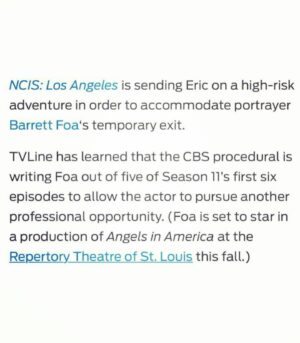 Barrett Foa Instagram - Missing my NCIS: Los Angeles family so much right now as they dive into what is sure to be an incredible and unforgettable Season 11. Meanwhile, I’ll be flexing some different muscles by diving into this complex and beautiful Pulitzer Prize-winning play. 
Missing you, Renée, Dani, Eric, Chris, Todd, and Linda. Don’t worry, I’ll be back in Oct!  #ncisla 
#AngelsInAmerica #play #creativity #theatre #theater #repstl #cbs #family
