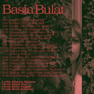 Basia Bulat Instagram - One of my favourite moments from the artwork for The Garden 🌸💚 Counting down the days to tour with @gharmz @sisterray780 @katietupper and @woodandrewspei 💖💚 
Still going to do my little Wednesday lives too,  until I head out on the road so pop in tonight at 7 EST and let me know if you’re coming to one of the shows! 🎉

🌸🌸The Garden Tour🌸🌸

with Georgia Harmer:
September 21 - London, ON - Aeolian Hall - SOLD OUT
September 22 - London, ON - Aeolian Hall
September 23 - Guelph, ON - Royal City Mission
September 24 - Hamilton, ON - Bridgeworks
September 30 - Kingston, ON - Isabel Bader Centre

with Sister Ray:
October 1 - Peterborough, ON - Market Hall

with Katie Tupper
October 6 - Winnipeg, MB - Park Theatre
October 7 - Regina, SK - Artesian
October 8 - Edmonton, AB - Station On Jasper
October 11 - Whitehorse, YT - Yukon Arts Centre (local support)
October 12 - Dawson City, YT - Klondike Institute of Art & Culture (local support)
October 14 - Vancouver, BC - Hollywood Theatre
October 15 - Victoria, BC - Capital Ballroom

with Sister Ray:
October 21 - Ottawa, ON - National Arts Centre
October 22 - Toronto, ON - Danforth Music Hall

with Wood Andrews:
October 26 - Fredericton, NB - Fredericton Playhouse
October 27 - Halifax, NS - Light House Arts Centre
October 28 - Charlottetown, PEI - Trailside Music Hall