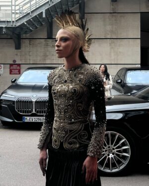 Bilal Hassani Instagram - Alexander McQueen FW10/11, Lee’s last collection before his tragic passing.

Thank you to everyone that made this historic moment happen.

Headpiece @kevyncharo 
Make-up @clotildemakeupartist with @nyxcosmetics_france 
Hair @richard.bajon 
Nails @loradesousa 

Thank you @mon_vintage by Marie Blanchet for hunting down this work of art.

Thank you @indianajones @disneyfr for this iconic red carpet.