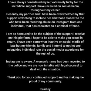 Bradley James Instagram - A shame to have to post a message of this nature but very much appreciate those of you who take the time to read 🫶🏻