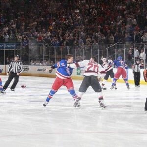 Brandon Prust Instagram - Always my favourite way to start a hockey game!! If you’re a hockey fan then I’m sure you remember this Rangers/Devils line brawl at the opening face off! The 6 of us are going to jump on a zoom session and tell all of our different sides to the stories that go with this. Probably one of the last ever line brawls to start a game. Well at least in the NHL anyway.. I heard of a couple pond hockey games this past winter that started this way! 😂
