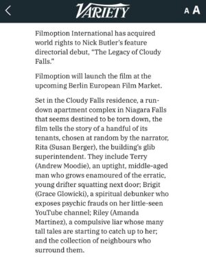 Brennan Clost Instagram - From Niagara Falls to Berlin and beyond! Loved working on this one 🎬🌊 Congratulations to the entire Cloudy Falls cast & crew