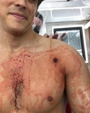 Brenton Thwaites Instagram - Titans s3 is now avail on @netflix worldwide (including AUS; @netflixanz )
This is shot of me getting shot. Spoiler alert. I get shot a few times this season. As you can see, just missed my heart and Dick lives on. 
Fun make-up times with @jennomakeup