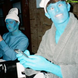 Brian Altemus Instagram - You have 87 days until Halloween. That’s 87 days to decide whether or not you want to paint your body blue and then spend 2 weeks trying to get it off. Shoutout to @flapperjorgie and her team for lathering us up and hosing us off multiple times. You can really get to know a person when they’re painting your body.