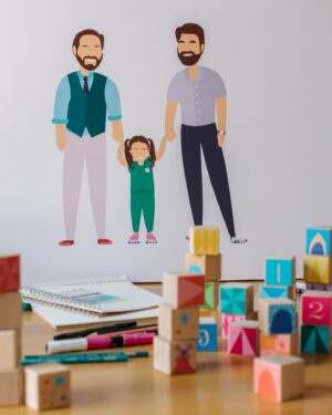Brian Patrick Flynn Instagram - With only four weeks left, it seemed smart to dive into Swaddling and Wrapping 101 with our gestational carrier, Marissa, who’s documenting the entire surrogacy POV, process and science over at @thebellybud | Also, she’s a graphic designer by trade and designed the two dads art and the wooden midcentury building blocks if you swipe through. Also also: that’s a lifelike newborn doll named Evan nestled in the wrap to practice with, not an actual newborn baby, just in case you see it and are like wait I have a question how is there already a baby there. 📸 @kellychristinesutton @kellychristinephoto