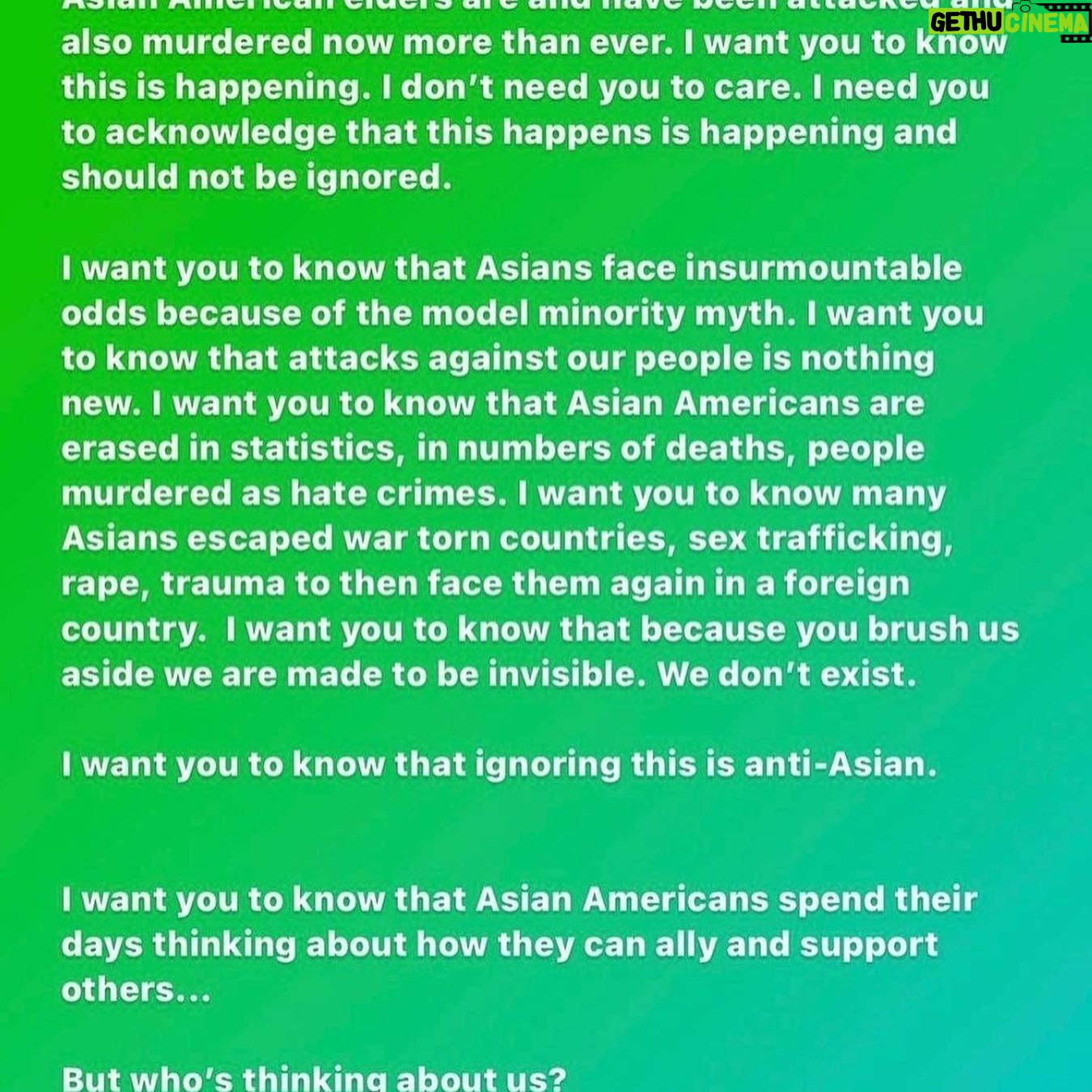 Brit Morgan - 1K Likes - Been feeling so disturbed by the spike in violence towards Asian Americans this past year. Because my partner is Chinese I’ve been aware of this for awhile but not sure if I would be otherwise because it’s been so underreported. Through him I’ve become deeply aware of the effects of white privilege and supremacy on the lives of the Asian community. Holding the vision for a country where our Asian brothers and sisters are honored and completely safe to be themselves. 🙏🏼💜. . #repost @kimsaira
•
Include Asian Americans in your anti-racism work. Due to covid, Asians have seen a spike of xenophobia & racist hate crimes all throughout the world that need to be spoken about & accounted for.
〰️
Historically, Asians have faced disparities such as the model minority myth. The model minority myth was created by Americans during post WWII, to portray the narrative that Asian immigrants successfully assimilated, despite experiencing racism in America.
〰️
This is not only harmful & incredibly racist, but farther from the actual truth.
〰️
The model minority myth was created to pit Asians against other BIPOC races, especially during a time where mass Asian immigration was happening in America.
〰️
Also, it fails to recognize the different experiences of all different Asian racial groups, & also ignores Southeast Asian populations such as Thai, Vietnamese, Philippines, Hmong, Laotian, Cambodian, and South Asians such as Bangladesh, India, Sri Lanka, and Nepal, as well as Indigenous people. It diminishes their real struggles, & wipes away their history & trauma.
〰️
Due to the model minority myth, people have grouped Asian Americans with the likeness of white people.
〰️
Please support and stand up for Asian American communities. Remember them in your anti-racism work. Hate crimes are happening everywhere, we need the media to be covering them, & there needs to be accountability for them.
〰️
✨The quote last slide are from @seoulcialite!!
〰️