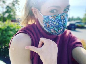 Brooke Nevin Instagram - Put on some mascara for my cute post shot gram and then cried it ALL off on the drive to my appt out of anticipation and gratitude listening to a staticky radio play of Uptown Funk. 
Marveling at modern medical science and the courage and grit of healthcare workers around the world for the last year and a 1/2. 

Thank you everyone who’s working towards herd immunity. I am so darn excited for HUGS!! This girl is hitting’ her hallelujah (wooh!)

#stylin #wildin #livinitupinthecity #butnotforanother2weeks #andmasksarestillcool #uptownfunk #pfizer #grateful
