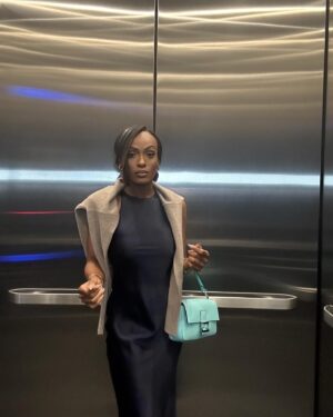 Brooke Thomas Instagram - A lil light early bday lunch fit ;)

Dress: @andotherstories 
Cashmere: @bananarepublic 
Bag: @tiffanyandco x @fendi collab
Earrings: passed down from my mom 🤎