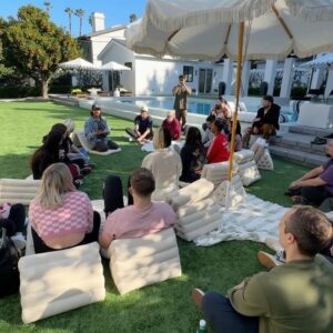Bryant Wood Instagram - @directedbystro & @jessedueck requested that I visit and lead an activation for his influencer collaboration day.  A 10-minute meditation session can significantly improve the group’s overall connection and mental health. Take care of your people. 🤍
📸: @brah_itseric