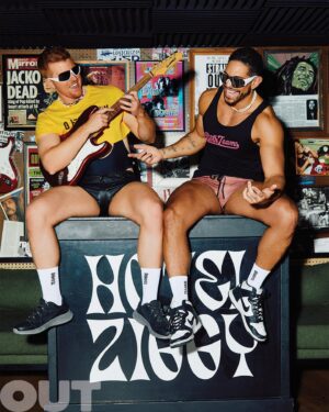 Bryce Eilenberg Instagram - T-minus seven days till you can get your paws on our #OutMagazine #PrideMonth issue featuring a Pit Crew pool party photoshoot! 💦 Here’s a sneak peek 👀 at some of the featured photos 🔥😎

You can find many of the accessories and apparel worn by @bryceeilenberg and @brunocalcantara at @realpridestore and @teamm8 ✨🌈

📸: @eastonschirra

#summer #poolparty #dragrace #allstars9 #pitcrew #photoshoot #photography #lgbtq #pride #queerjoy #lgbtqally #bestie #summeressentials #jonathangroff #coverstory