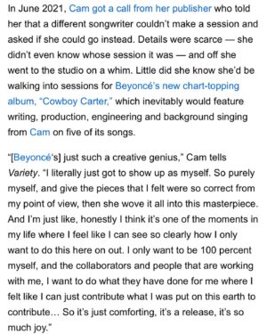Cam Instagram - My long-standing love of Requiems, Beyoncé singing us towards the future, and how I’m digging into my next album. Thank you @variety ♥️ #cowboycarter #actii