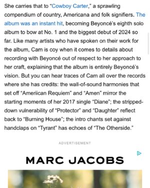 Cam Instagram - My long-standing love of Requiems, Beyoncé singing us towards the future, and how I’m digging into my next album. Thank you @variety ♥️ #cowboycarter #actii