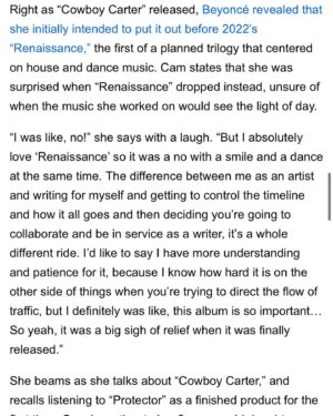 Cam Instagram - My long-standing love of Requiems, Beyoncé singing us towards the future, and how I’m digging into my next album. Thank you @variety ♥️ #cowboycarter #actii