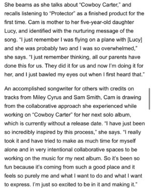 Cam Instagram - My long-standing love of Requiems, Beyoncé singing us towards the future, and how I’m digging into my next album. Thank you @variety ♥️ #cowboycarter #actii