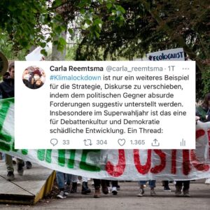 Carla Reemtsma Instagram - Die Klimakrise zu bekämpfen, heißt oft auch, gegen Mythen, falsche Erzählungen und Strohmannargumente kämpfen. Das macht oft müde. Aber in Zeiten, in denen die Klimablockierer den gesellschaftlichen Rückhalt für Klimagerechtigkeit zu spüren bekommen und keine anderen Argumente mehr finden, ist es unverzichtbar. 
Genauso, wie es unverzichtbar ist – gerade in Wahlkampfzeiten – immer und immer wieder, die Forderung nach einer klimagerechten Gesellschaft laut auf die Straßen zu tragen. Kommt dazu ✊